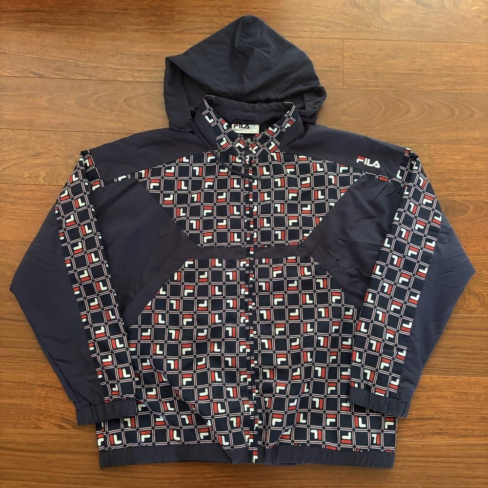 Vintage FILA Mens XL All Over Print Logo Windbreaker Jacket Navy Red White 90s